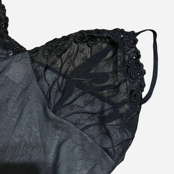 VTG 90s Vertigineux Sheer Black & White Mesh Floral Embroidered Babydoll Slip L - Picture 3 of 8